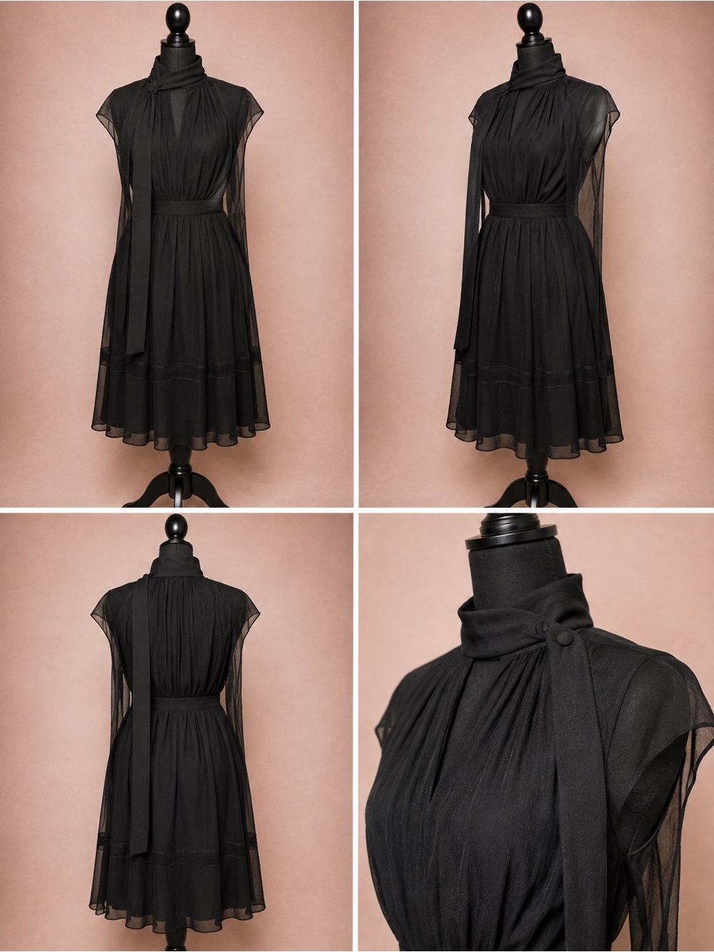 Vintage Nina Ricci Black Sheer-Overlay High-Neck Midi Dress